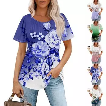 Женская модная повседневная плиссированная футболка с короткими рукавами и круглым вырезом с принтом L циан