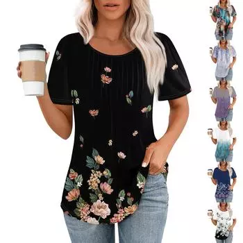 Женская модная повседневная плиссированная футболка с короткими рукавами и круглым вырезом с градиентным принтом S разноцветный