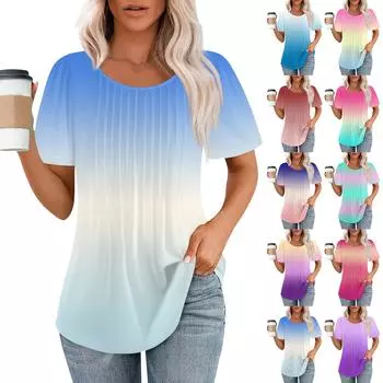 Женская модная повседневная плиссированная футболка с короткими рукавами и круглым вырезом с градиентным принтом L синий
