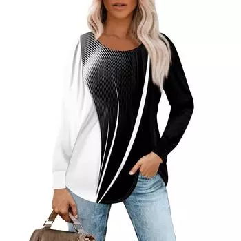 Женская модная повседневная плиссированная футболка с круглым вырезом и принтом, с длинным рукавом L чёрный