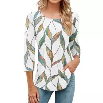 Женская модная повседневная плиссированная футболка с круглым вырезом и принтом в стиле «отдых» с рукавом семь четвертей L бежевый