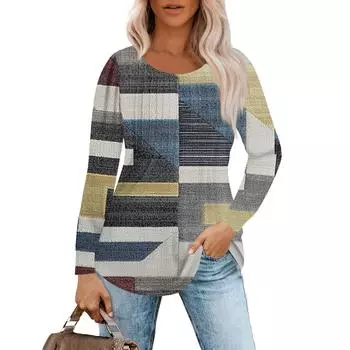 Женская модная повседневная плиссированная футболка с круглым вырезом и геометрическим квадратным принтом с длинным рукавом L синий