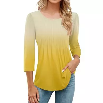 Женская модная повседневная плиссированная футболка с круглым вырезом и принтом для отдыха с рукавом семь четвертей L