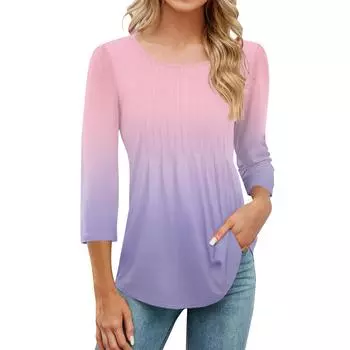 Женская модная повседневная плиссированная футболка с круглым вырезом и принтом для отдыха с рукавом семь четвертей L чёрный