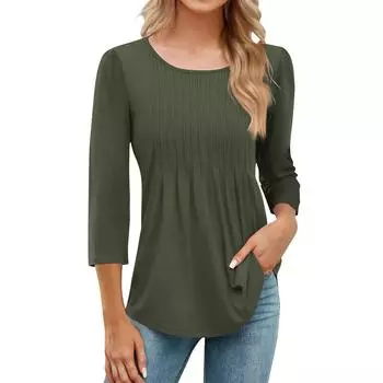 Женская модная повседневная плиссированная футболка с круглым вырезом и рукавом семь четвертей L армия зеленый