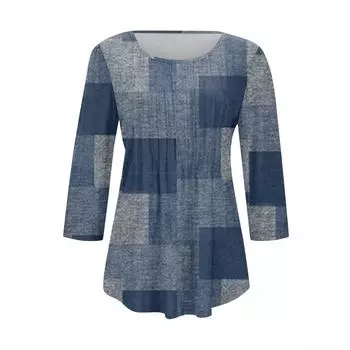 Женская модная повседневная плиссированная футболка с круглым вырезом и принтом для отдыха с рукавом семь четвертей L синий