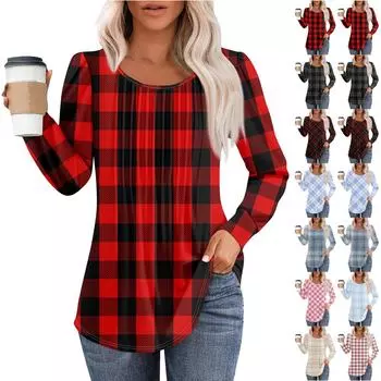 Женская модная повседневная плиссированная футболка с круглым вырезом и принтом, длинный рукав