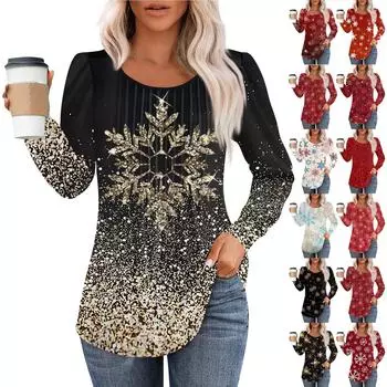 Женская модная повседневная плиссированная футболка с круглым вырезом и рождественским принтом с длинными рукавами L чёрный