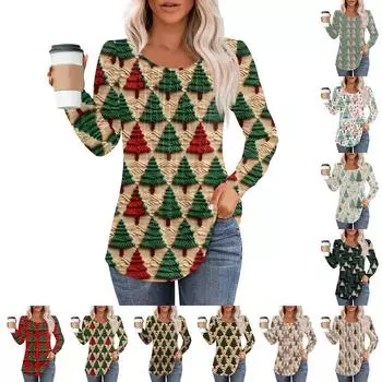 Женская модная повседневная плиссированная футболка с круглым вырезом и рождественским принтом с длинными рукавами XXXL