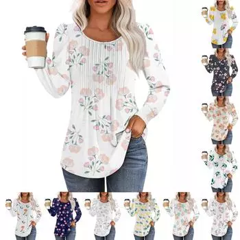 Женская модная повседневная плиссированная футболка с круглым вырезом и цветочным принтом с длинным рукавом XXL