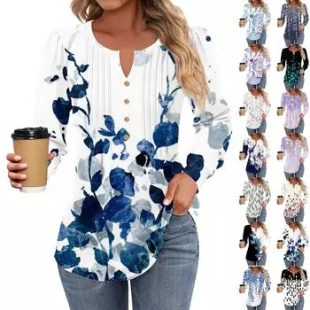 Женская модная повседневная плиссированная футболка с круглым вырезом и декоративными пуговицами, с длинным рукавом XXXL чёрный