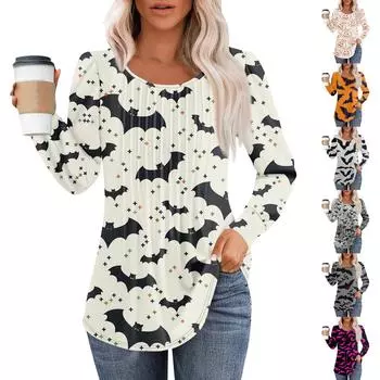 Женская модная повседневная плиссированная футболка с круглым вырезом и принтом, длинный рукав XXXL