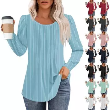 Женская модная повседневная плиссированная футболка с круглым вырезом и принтом, длинный рукав S чёрный