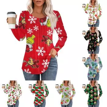 Женская модная повседневная плиссированная футболка с круглым вырезом и рождественским принтом с длинными рукавами M