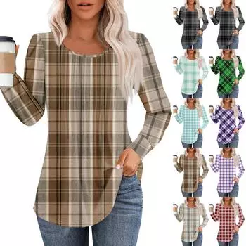 Женская модная повседневная плиссированная футболка с круглым вырезом и принтом, длинный рукав S серый