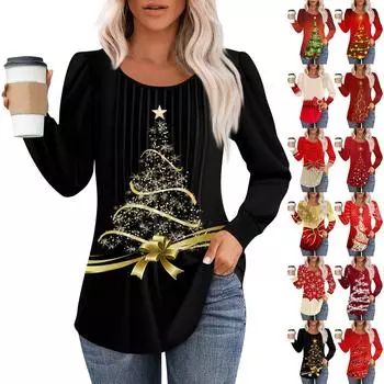 Женская модная повседневная плиссированная футболка с круглым вырезом и рождественским принтом с длинными рукавами S