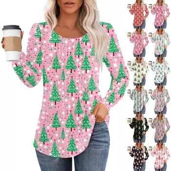 Женская модная повседневная плиссированная футболка с круглым вырезом и рождественским принтом с длинными рукавами XXL