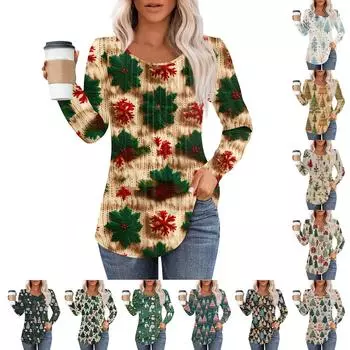 Женская модная повседневная плиссированная футболка с круглым вырезом и рождественским принтом с длинными рукавами XL