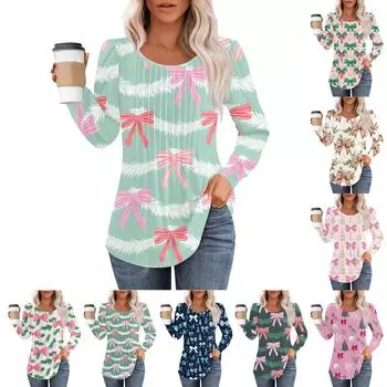 Женская модная повседневная плиссированная футболка с круглым вырезом и рождественским принтом с длинными рукавами XXXL