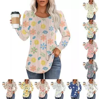 Женская модная повседневная плиссированная футболка с круглым вырезом и цветочным принтом с длинным рукавом XXXL