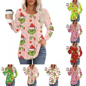 Женская модная повседневная плиссированная футболка с круглым вырезом и рождественским принтом с длинными рукавами L красный