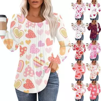 Женская модная повседневная плиссированная футболка с круглым вырезом и принтом в виде сердца ко Дню святого Валентина с длинными рукавами L