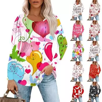 Женская модная повседневная плиссированная футболка с круглым вырезом и принтом в виде сердца ко Дню святого Валентина с длинными рукавами L бежевый