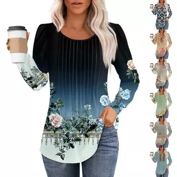 Женская модная повседневная плиссированная футболка с круглым вырезом и принтом, с длинным рукавом XXL