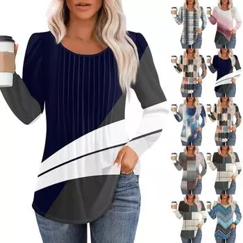 Женская модная повседневная плиссированная футболка с круглым вырезом и клетчатым принтом с длинным рукавом L чёрный