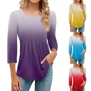 Женская модная повседневная плиссированная футболка с круглым вырезом и принтом для отдыха с рукавом семь четвертей L фиолетовый