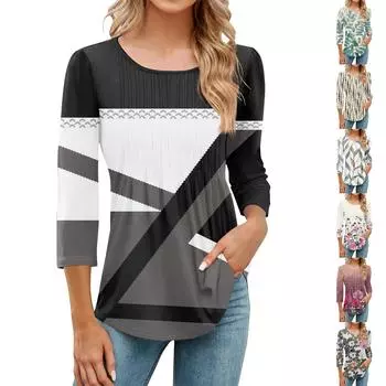 Женская модная повседневная плиссированная футболка с круглым вырезом и принтом в стиле «отдых» с рукавом семь четвертей L бежевый