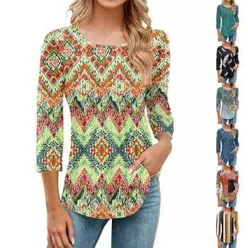 Женская модная повседневная плиссированная футболка с круглым вырезом и принтом для отдыха с рукавом семь четвертей XL