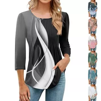 Женская модная повседневная плиссированная футболка с круглым вырезом и принтом в стиле досуга с рукавом семь четвертей XXL