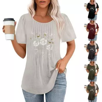 Женская модная повседневная плиссированная футболка с круглым вырезом и короткими рукавами L армия зеленый