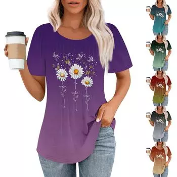 Женская модная повседневная плиссированная футболка с круглым вырезом и короткими рукавами L армия зеленый