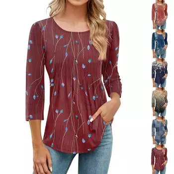 Женская модная повседневная плиссированная футболка с круглым вырезом и принтом для отдыха с рукавом семь четвертей L синий