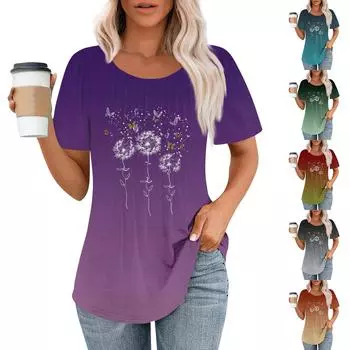 Женская модная повседневная плиссированная футболка с круглым вырезом и короткими рукавами L темно-зеленого