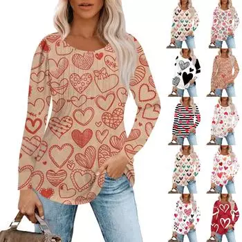 Женская модная повседневная плиссированная футболка с круглым вырезом и принтом в виде сердца ко Дню святого Валентина с длинными рукавами S