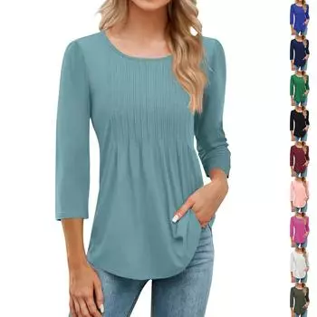 Женская модная повседневная плиссированная футболка с круглым вырезом и рукавом семь четвертей L армия зеленый