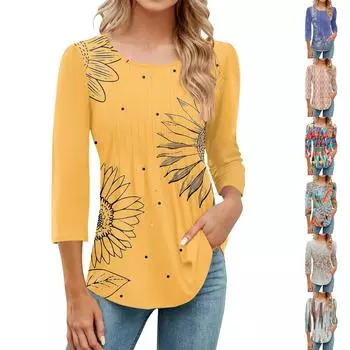 Женская модная повседневная плиссированная футболка с круглым вырезом и принтом в стиле досуга с рукавом семь четвертей L