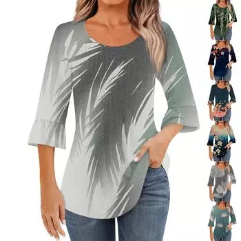 Женская модная повседневная плиссированная футболка с круглым вырезом и цветочным принтом, рукав три четверти L темно-синий