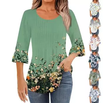 Женская модная повседневная плиссированная футболка с круглым вырезом и цветочным принтом, рукав три четверти L синий