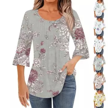 Женская модная повседневная плиссированная футболка с круглым вырезом и цветочным принтом, рукав три четверти M жёлтый