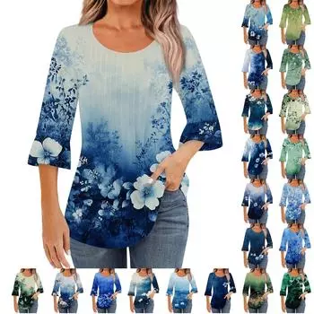 Женская модная повседневная плиссированная футболка с круглым вырезом и цветочным принтом, рукав три четверти L армия зеленый