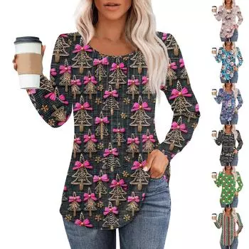 Женская модная повседневная плиссированная футболка с круглым вырезом и рождественским принтом с длинными рукавами XL