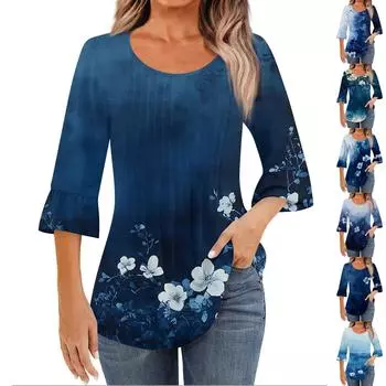 Женская модная повседневная плиссированная футболка с круглым вырезом и цветочным принтом, рукав три четверти L синий