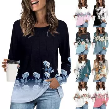 Женская модная повседневная плиссированная футболка с круглым вырезом и длинным рукавом с цветочным принтом, удобный топ L чёрный