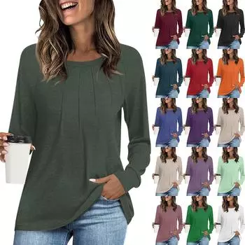 Женская модная повседневная плиссированная футболка с круглым вырезом и длинным рукавом, однотонная футболка, удобный топ L армия зеленый