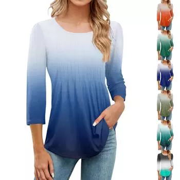 Женская модная повседневная плиссированная футболка с круглым вырезом и принтом в стиле досуга с рукавом семь четвертей L армия зеленый