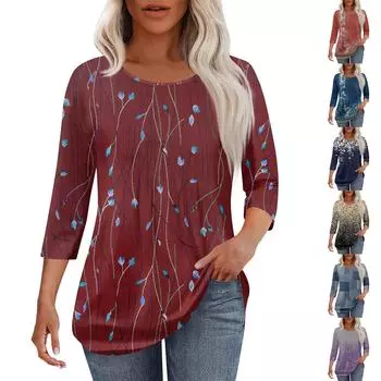 Женская модная повседневная плиссированная футболка с круглым вырезом и принтом для отдыха с рукавом семь четвертей L синий